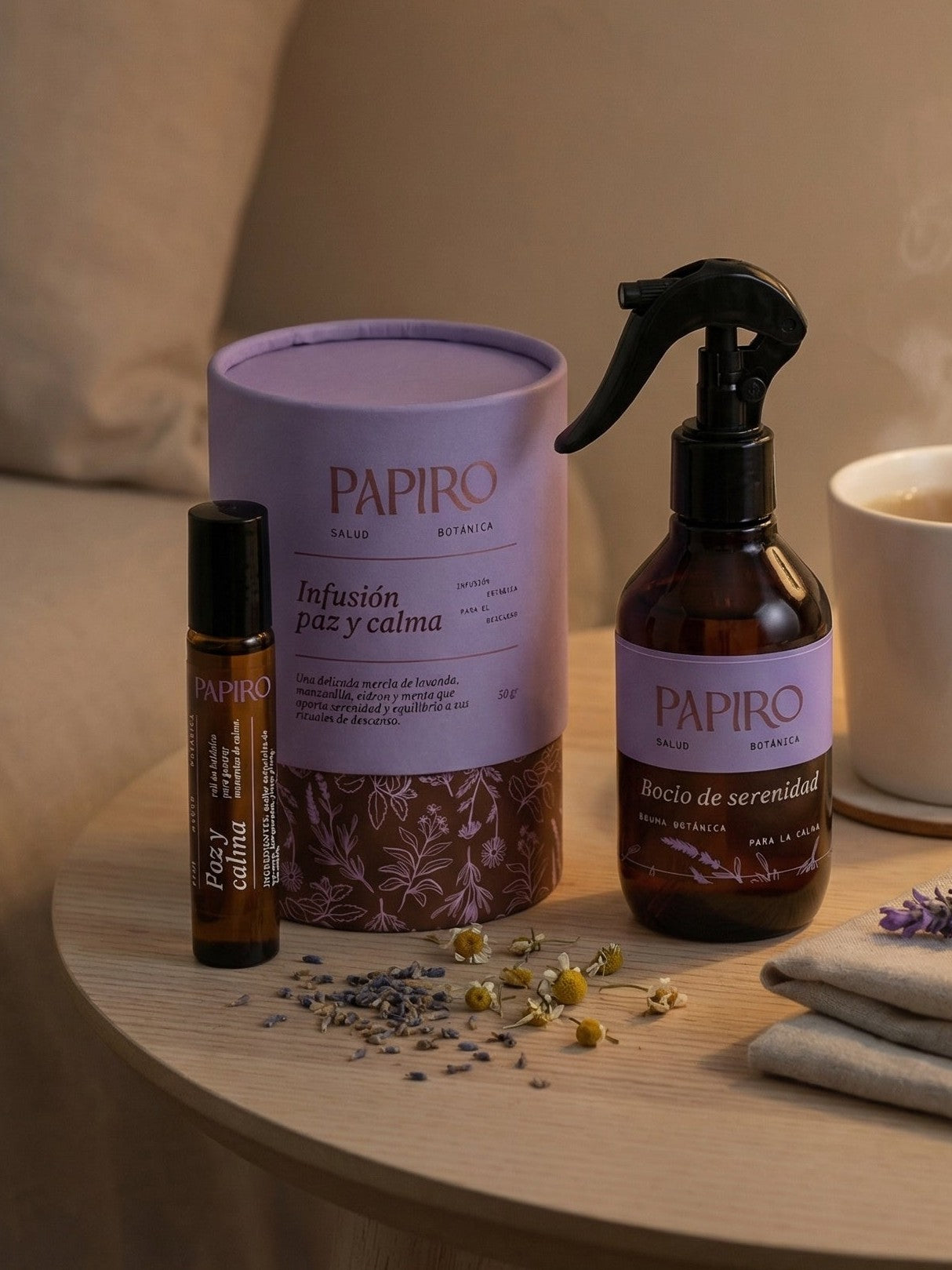 Ritual para Dormir Bien — kit con infusión, bruma de lavanda y roll on — Papiro Salud Botánica
